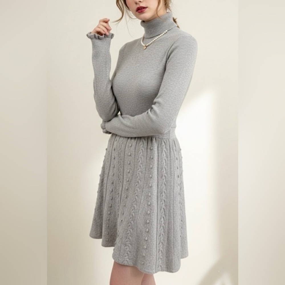 RED VALENTINO‎ Ruffle Pom-Pom Cable Knit Turtleneck Dress Gray